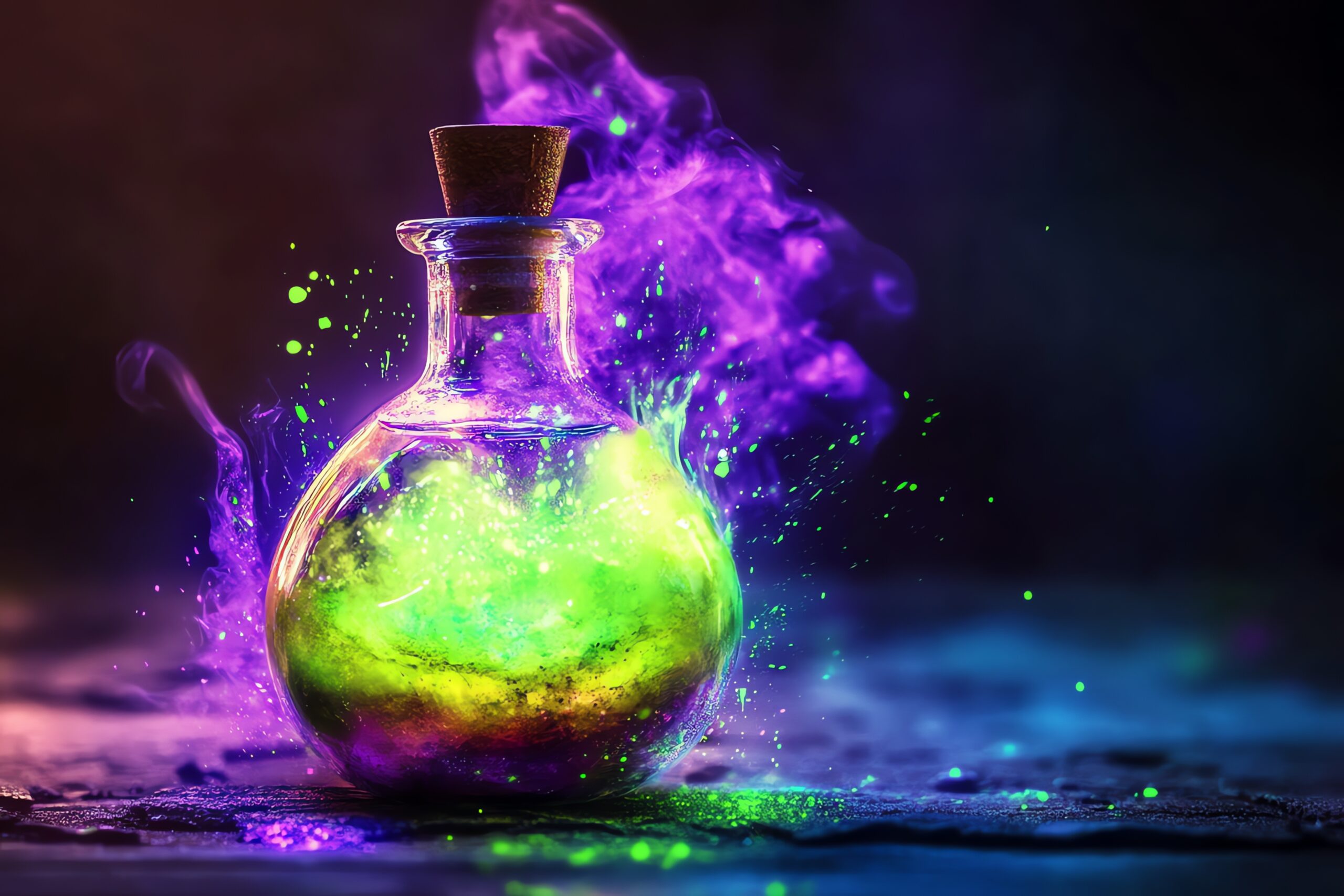 Flacon de potion lumineux avec des éclats de peinture verte et violette Flacon de potion lumineux avec des éclats de peinture verte et violette