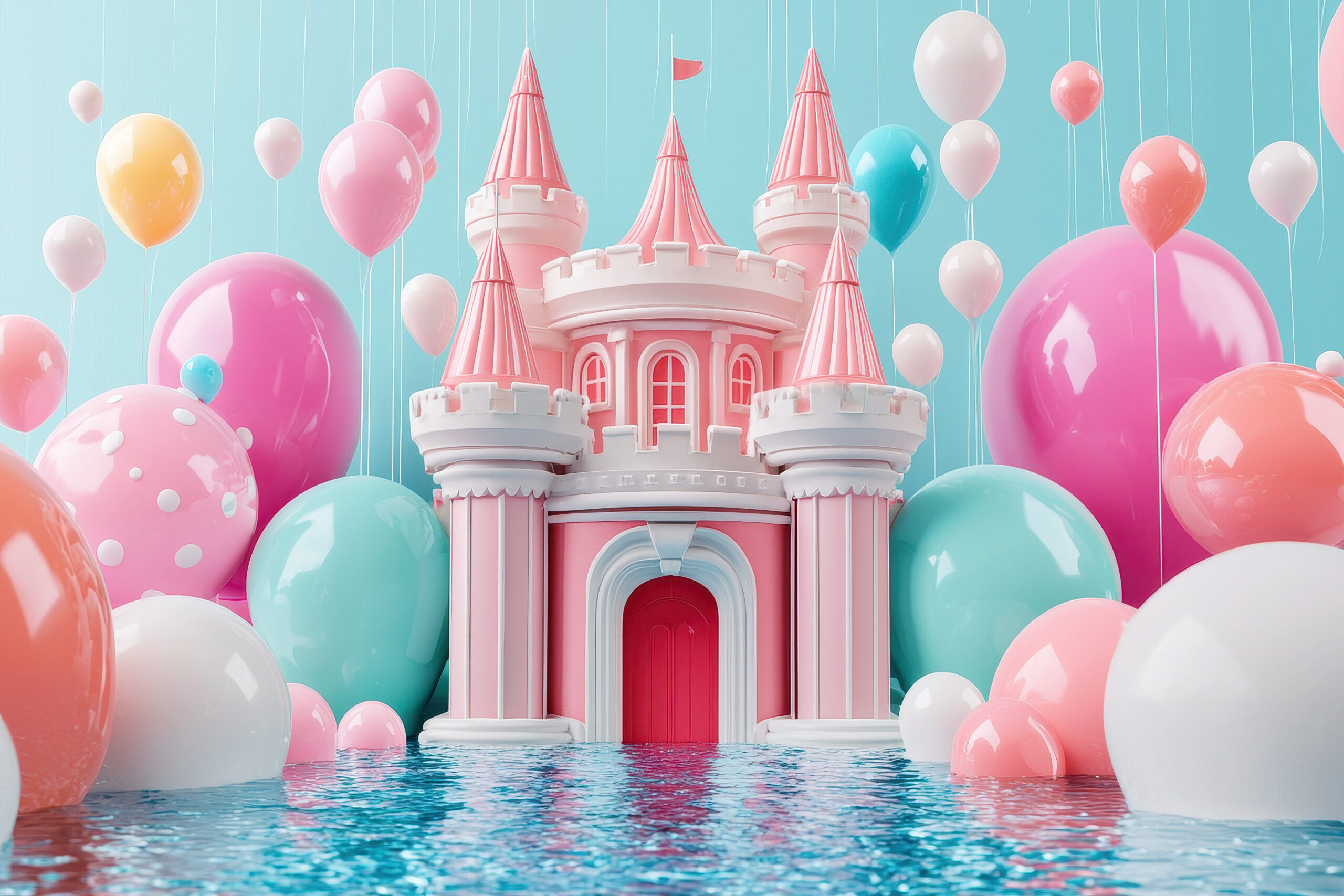 Colorful inflatable castle surrounded by large balloons floating in a serene pool setting creates a whimsical atmosphere for celebrations and events at a summer festival A vibrant inflatable castle stands in a sparkling pool, adorned with pastel balloons of various sizes. The setting is playful and perfect for summer festivities, inviting joy and imagination.