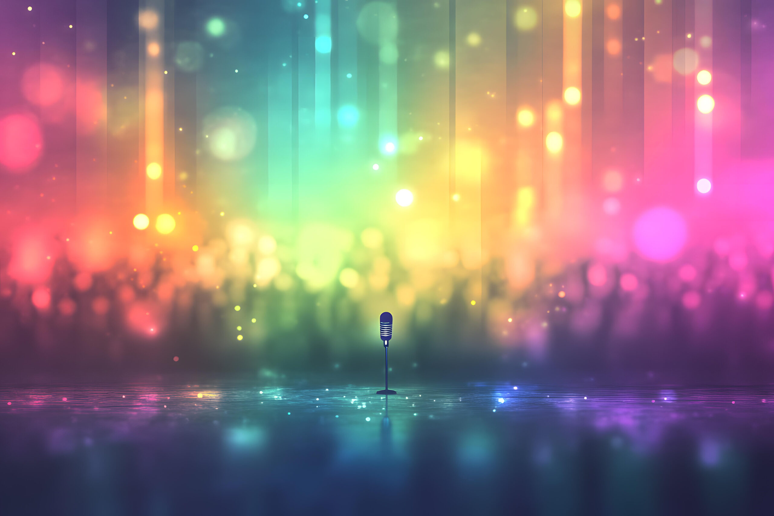 Single Microphone on Stage with Colorful Bokeh Background Lights and Sparkling Floor Single Microphone on Stage with Colorful Bokeh Background Lights and Sparkling Floor