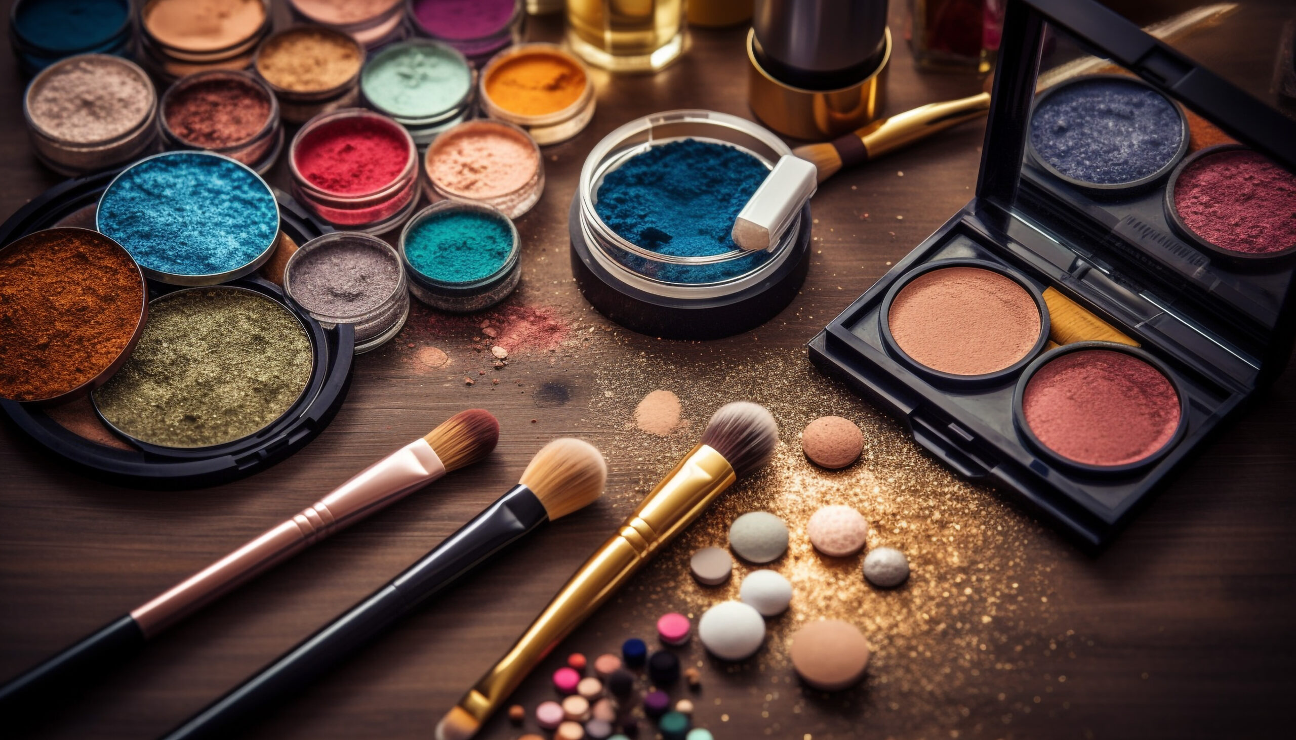 Multi colored beauty product collection, eyeshadow palette, glamour make up set generated by AI Multi colored beauty product collection, eyeshadow palette, glamour make up set generated by artificial intelligence